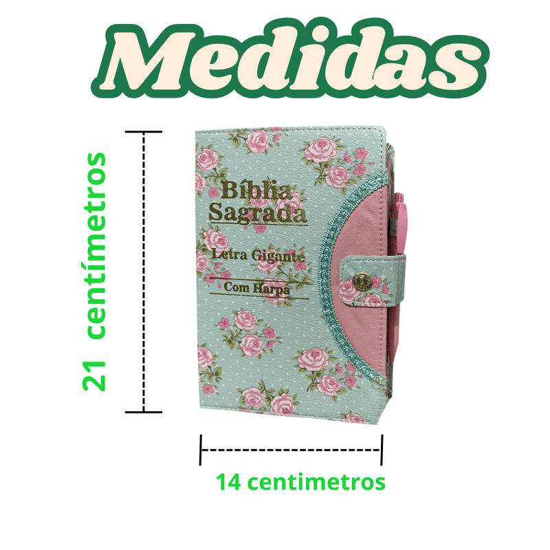 Bíblia Floral Verde com Harpa e Letra Gigante