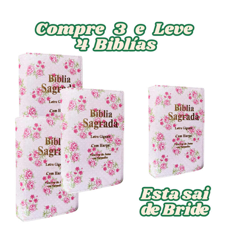 Bíblia  Floral Rosa-Com Harpa, Letra Gigante com Capa Luxo