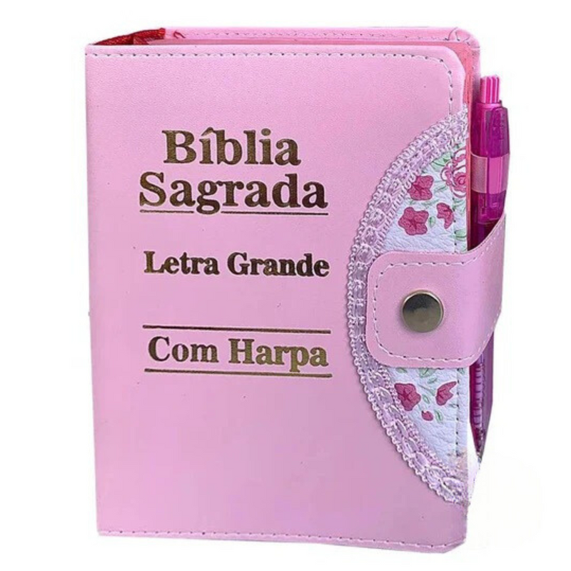 Bíblia Rosa com Harpa, Caneta e Botão