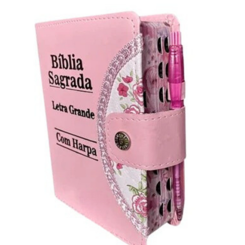 Bíblia Rosa com Harpa, Caneta e Botão