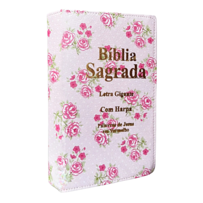 Bíblia  Floral Rosa-Com Harpa, Letra Gigante com Capa Luxo