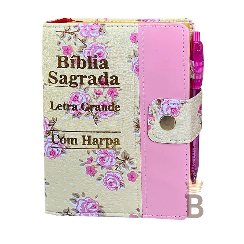 Bíblia Flores com Harpa, Botão e Caneta